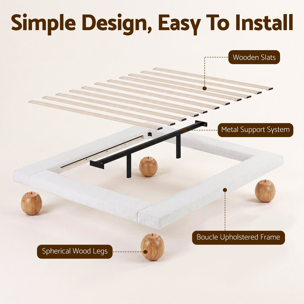 Cassian Bed Frame with Boucle Upholstery and Solid Rubber Wood Legs - White Queen