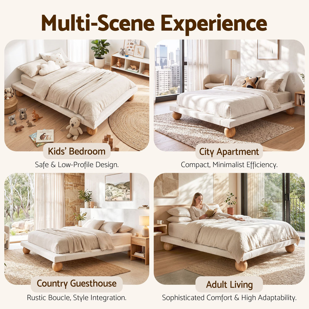 Cassian Bed Frame with Boucle Upholstery and Solid Rubber Wood Legs - White Queen