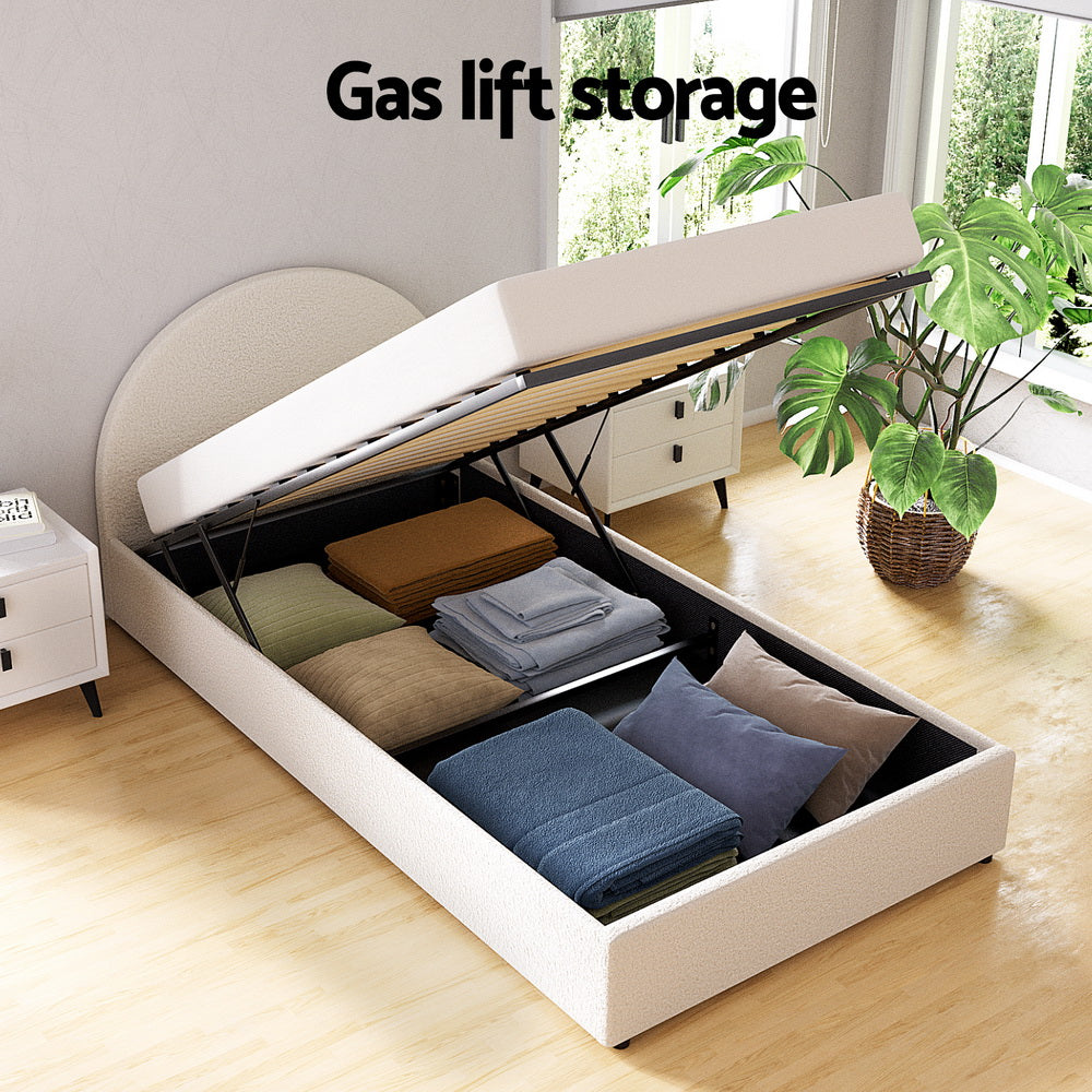 Orlena Bed Frame Gas Lift Strorage Beds Base Platform Boucle Fabric - Beige King Single