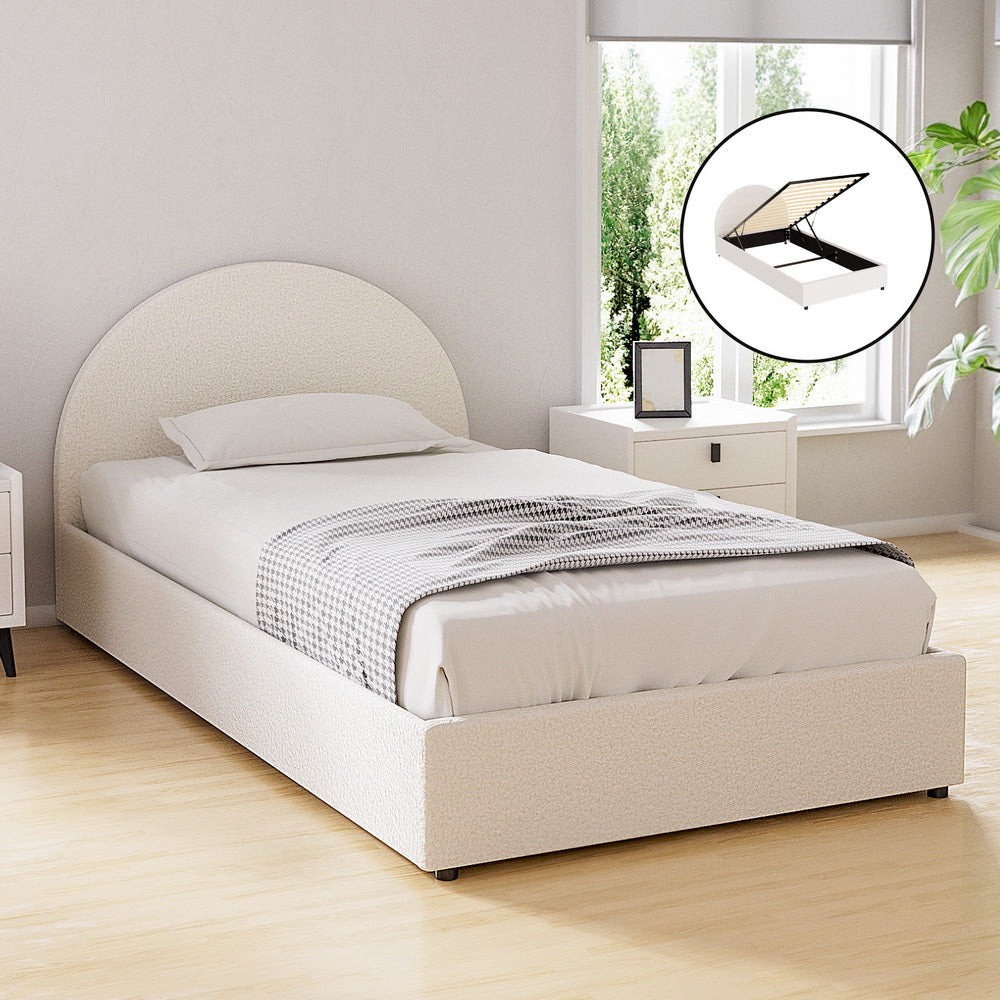 Orlena Bed Frame Gas Lift Strorage Beds Base Platform Boucle Fabric - Beige King Single