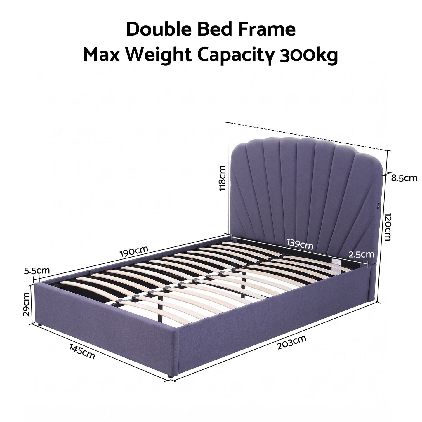 Faenza Bed Frame with Lift Up Storage and USB Ports - Grey Double