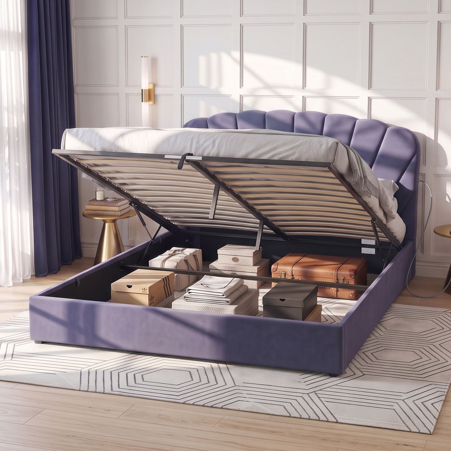 Faenza Bed Frame with Lift Up Storage and USB Ports - Grey King