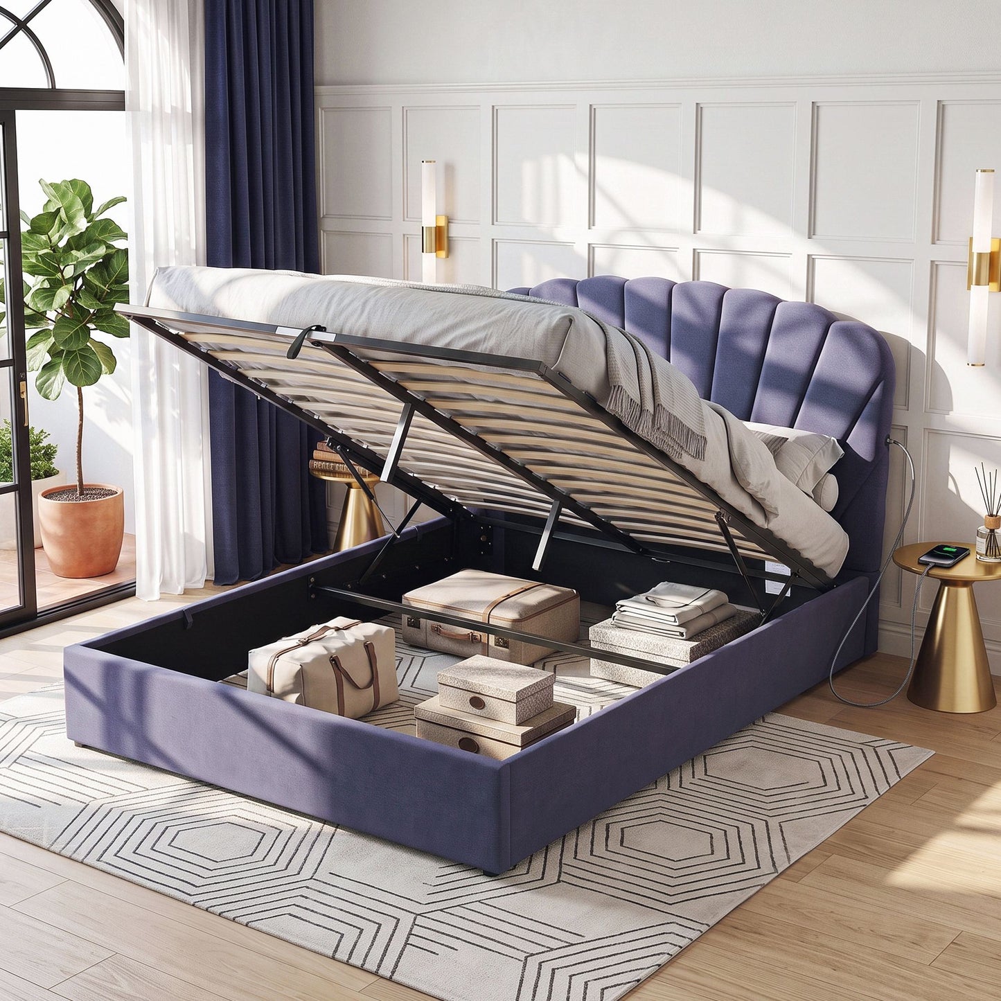 Faenza Bed Frame with Lift Up Storage and USB Ports - Grey Queen