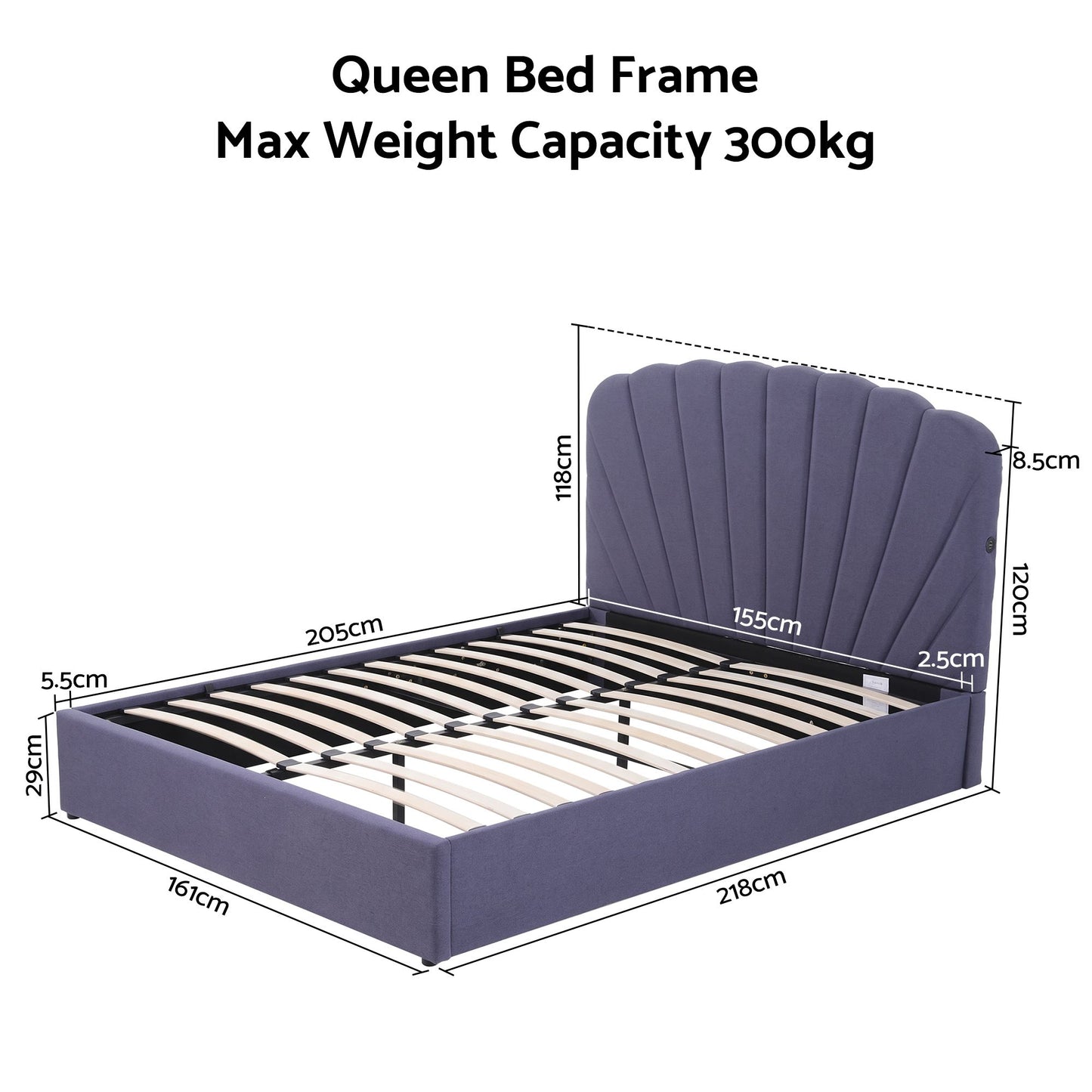Faenza Bed Frame with Lift Up Storage and USB Ports - Grey Queen