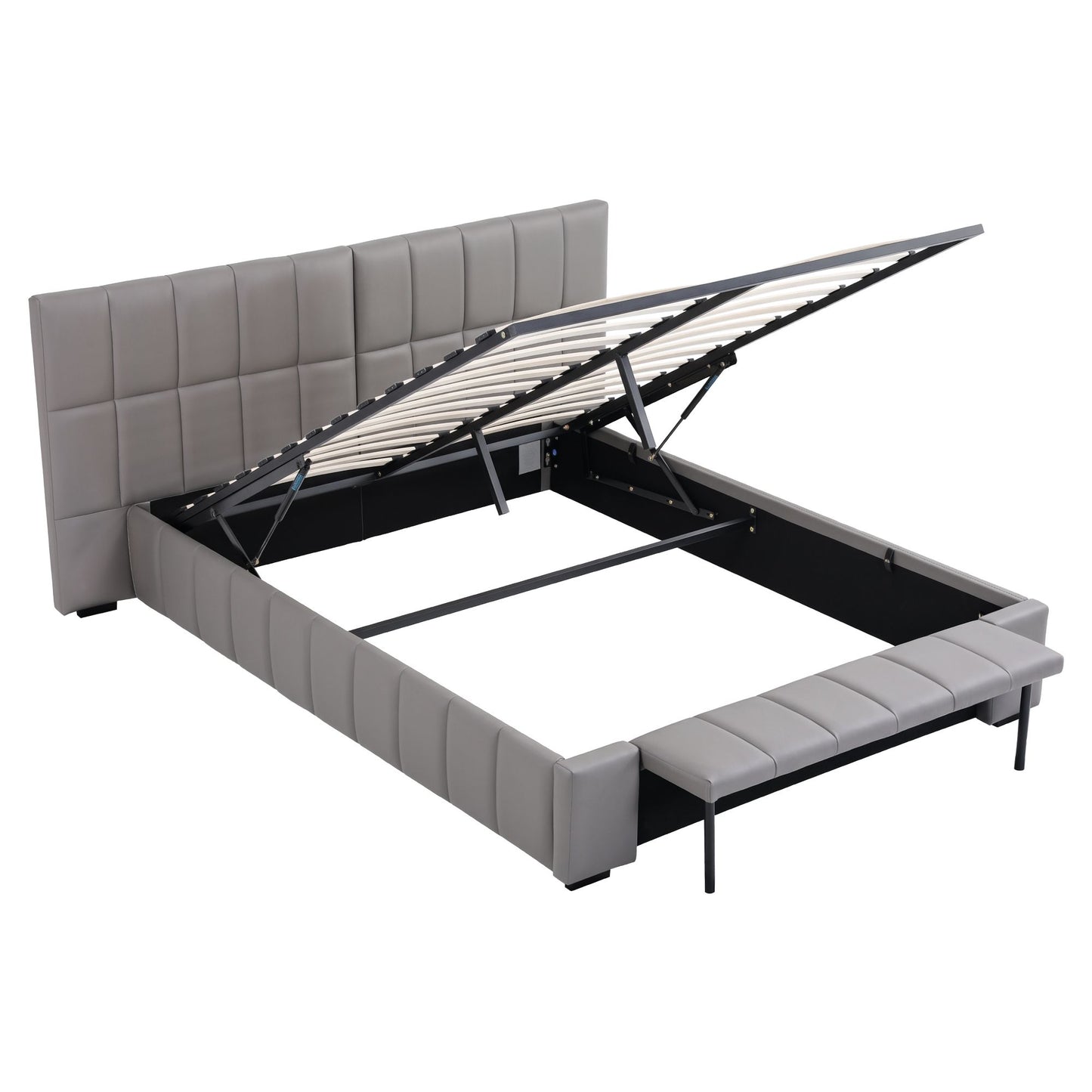 Lunexa Upholstered Gas Lift Bed Frame with Foldable Bench PVC Leather Platform Bed with Storage - Grey Double