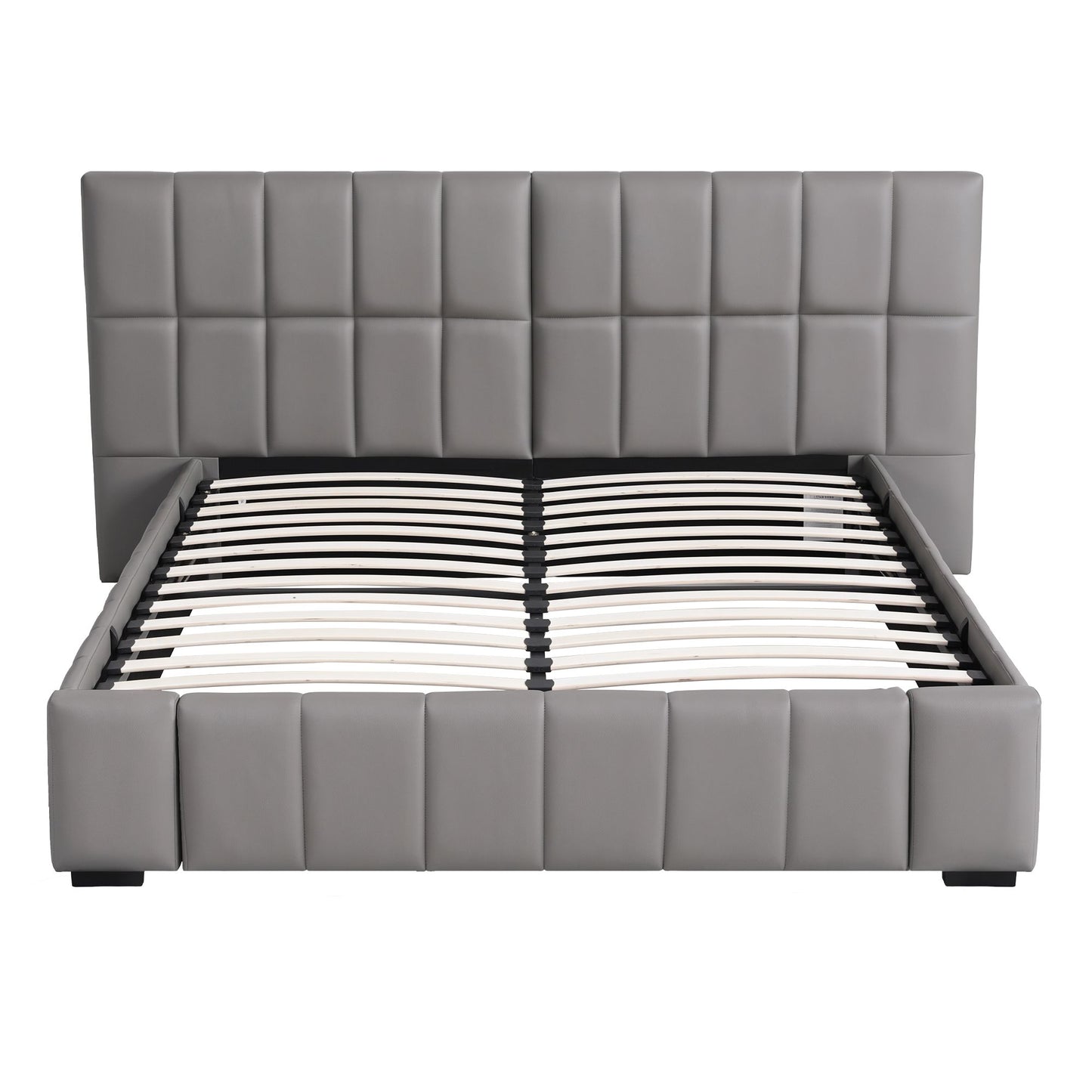 Lunexa Upholstered Gas Lift Bed Frame with Foldable Bench PVC Leather Platform Bed with Storage - Grey Double