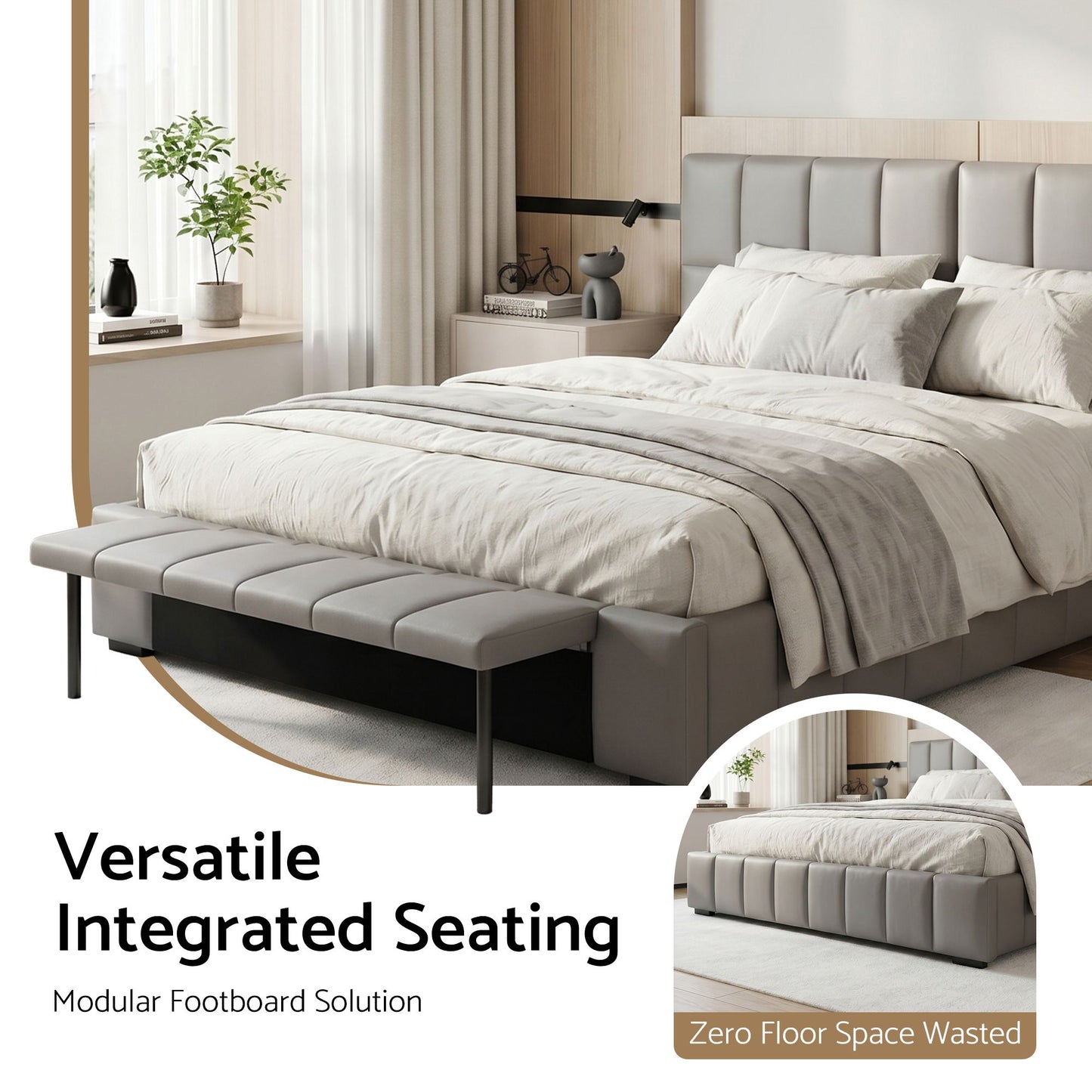 Lunexa Upholstered Gas Lift Bed Frame with Foldable Bench PVC Leather Platform Bed with Storage - Grey Double