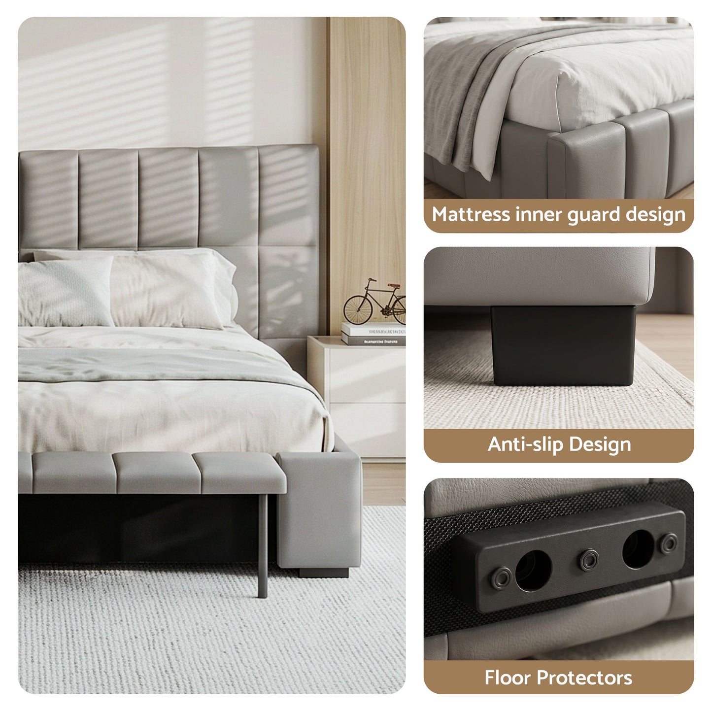 Lunexa Upholstered Gas Lift Bed Frame with Foldable Bench PVC Leather Platform Bed with Storage - Grey Double