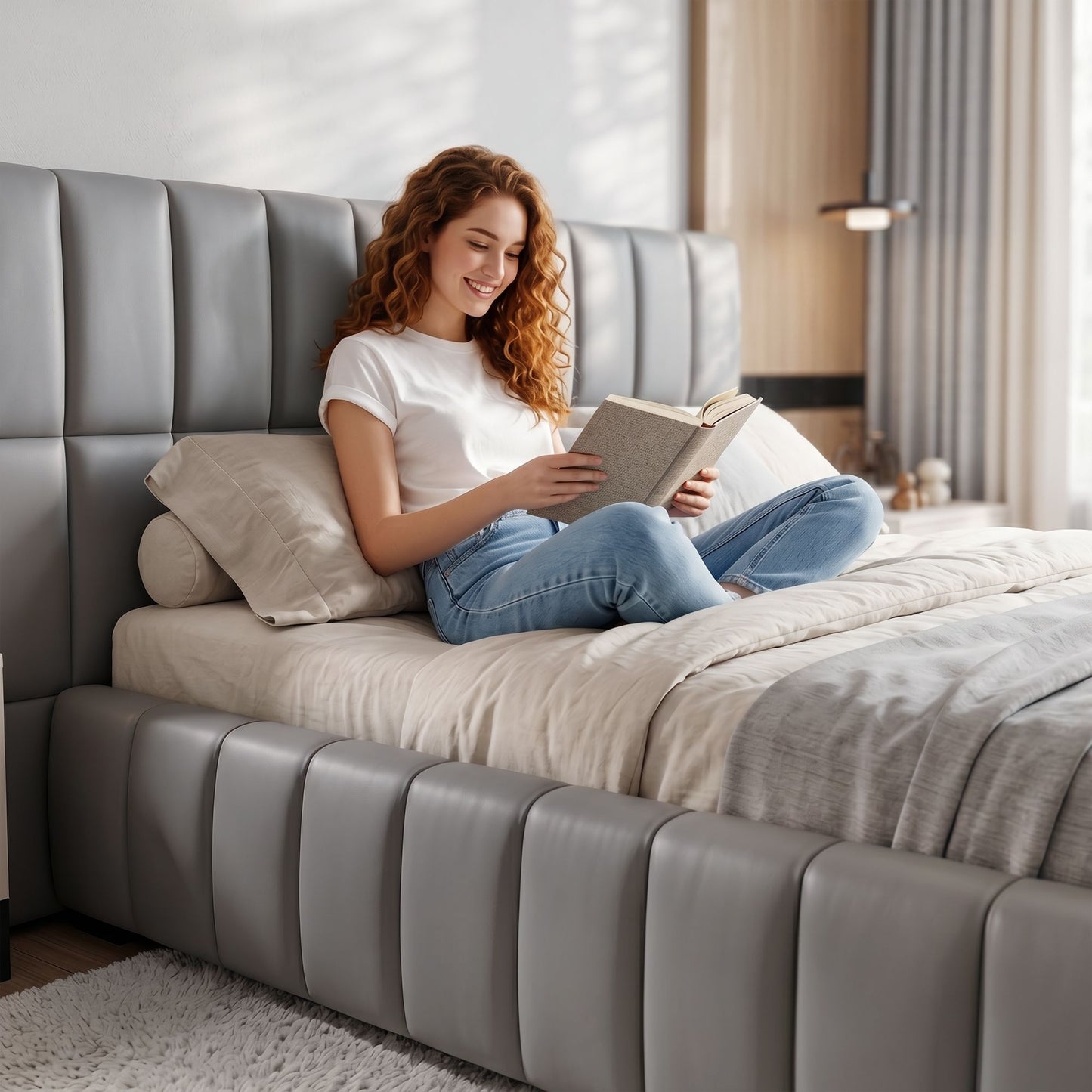 Lunexa Upholstered Gas Lift Bed Frame with Foldable Bench PVC Leather Platform Bed with Storage - Grey Double