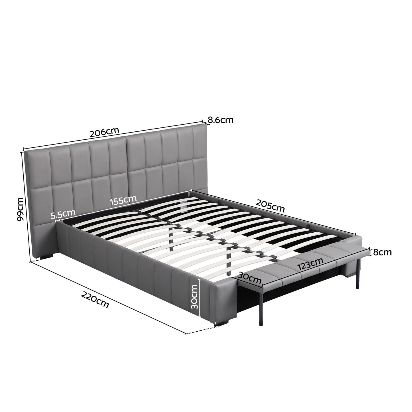 Lunexa Upholstered Gas Lift Bed Frame with Foldable Bench PVC Leather Platform Bed with Storage - Grey Queen