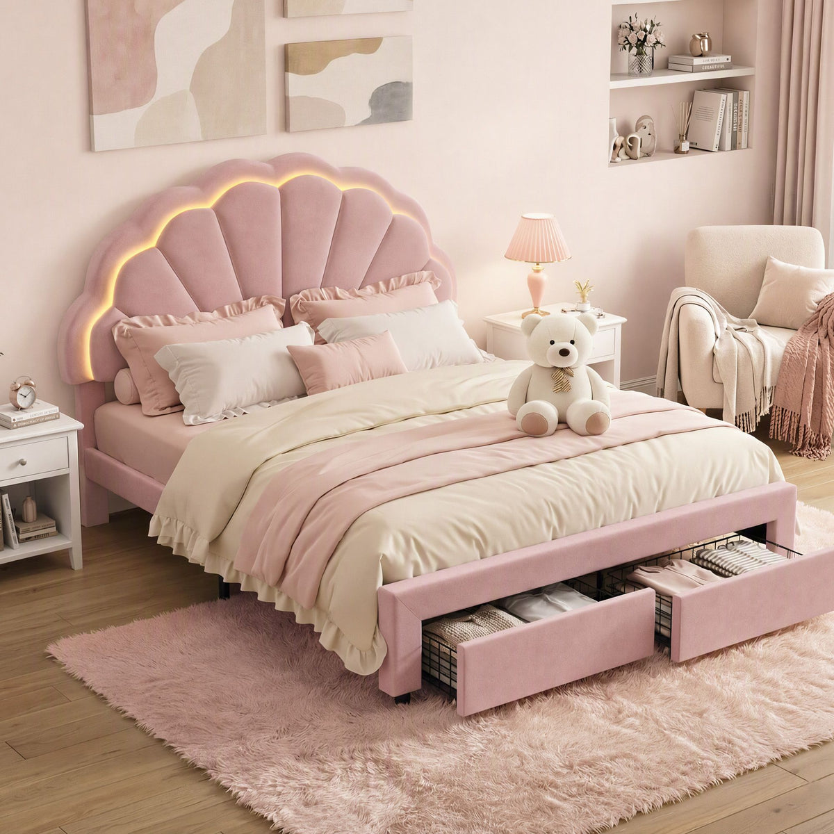Casava Bed Frame with 2 Storage Drawers Upholstered Velvet Platform Bed LED Headboard - Pink Double