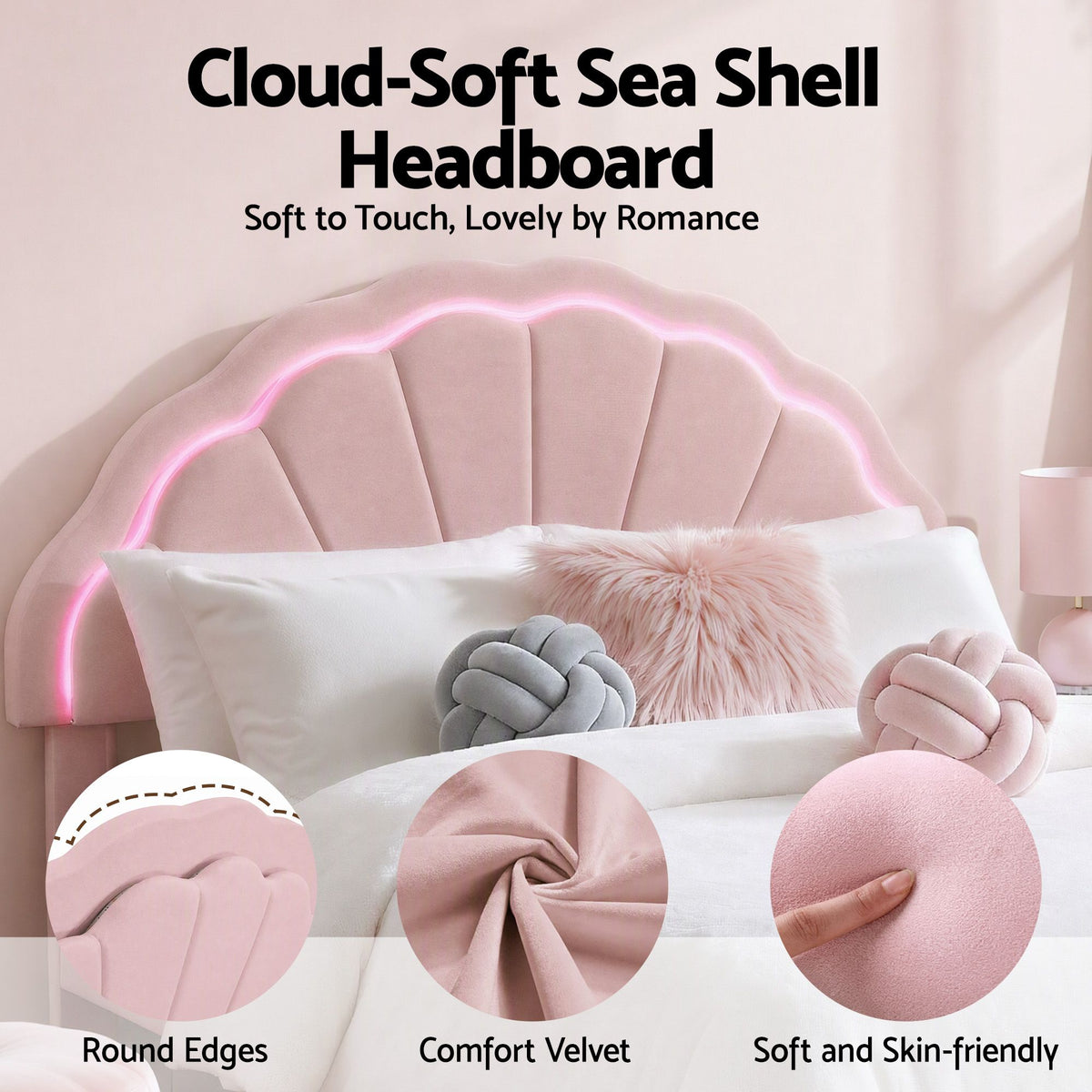 Casava Bed Frame with 2 Storage Drawers Upholstered Velvet Platform Bed LED Headboard - Pink Double