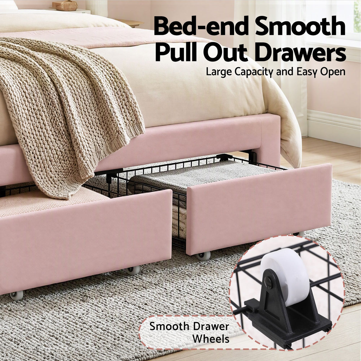 Casava Bed Frame with 2 Storage Drawers Upholstered Velvet Platform Bed LED Headboard - Pink Double