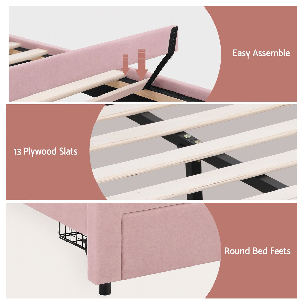 Casava Bed Frame with 2 Storage Drawers Upholstered Velvet Platform Bed LED Headboard - Pink Double