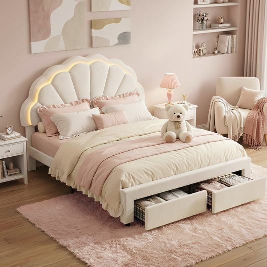 Casava Bed Frame Storage Charging Station Upholstered 3 Drawers LED - White Double