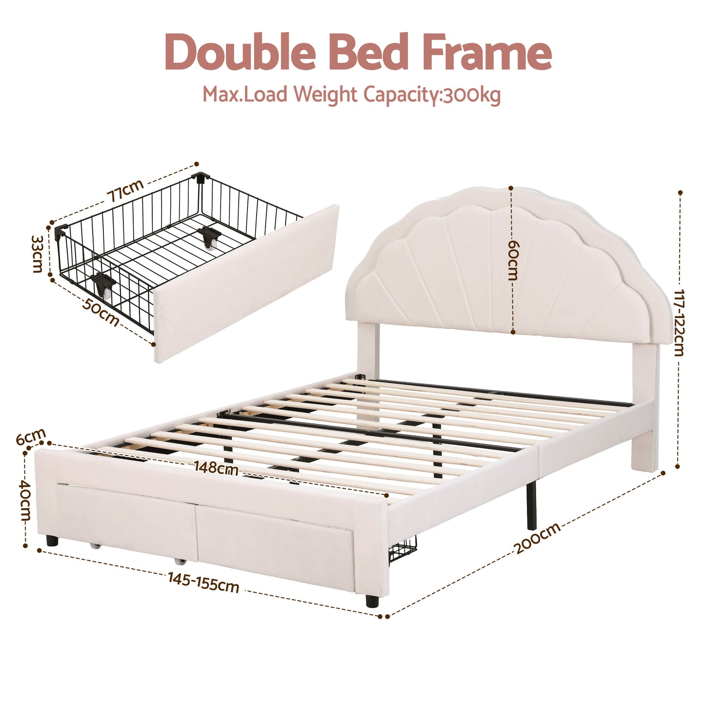 Casava Bed Frame Storage Charging Station Upholstered 3 Drawers LED - White Double