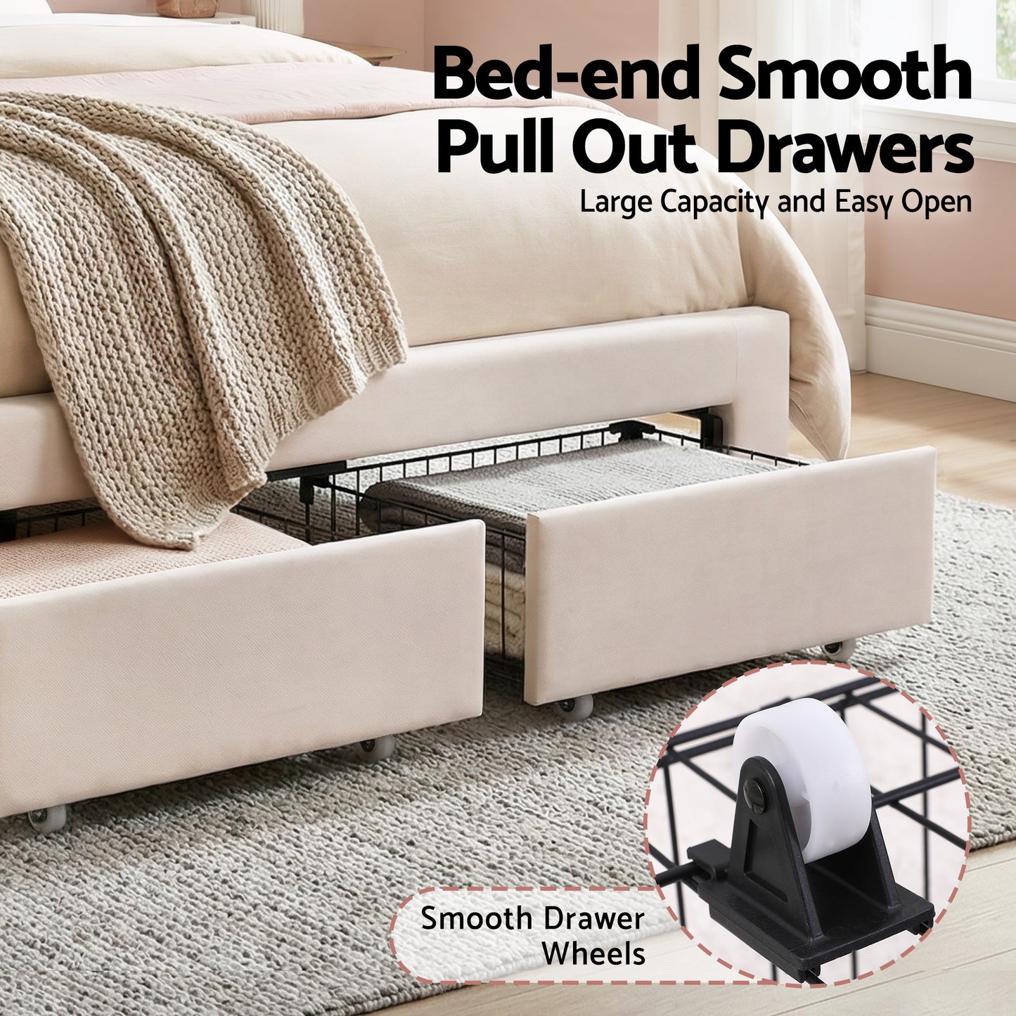 Casava Bed Frame Storage Charging Station Upholstered 3 Drawers LED - White Double
