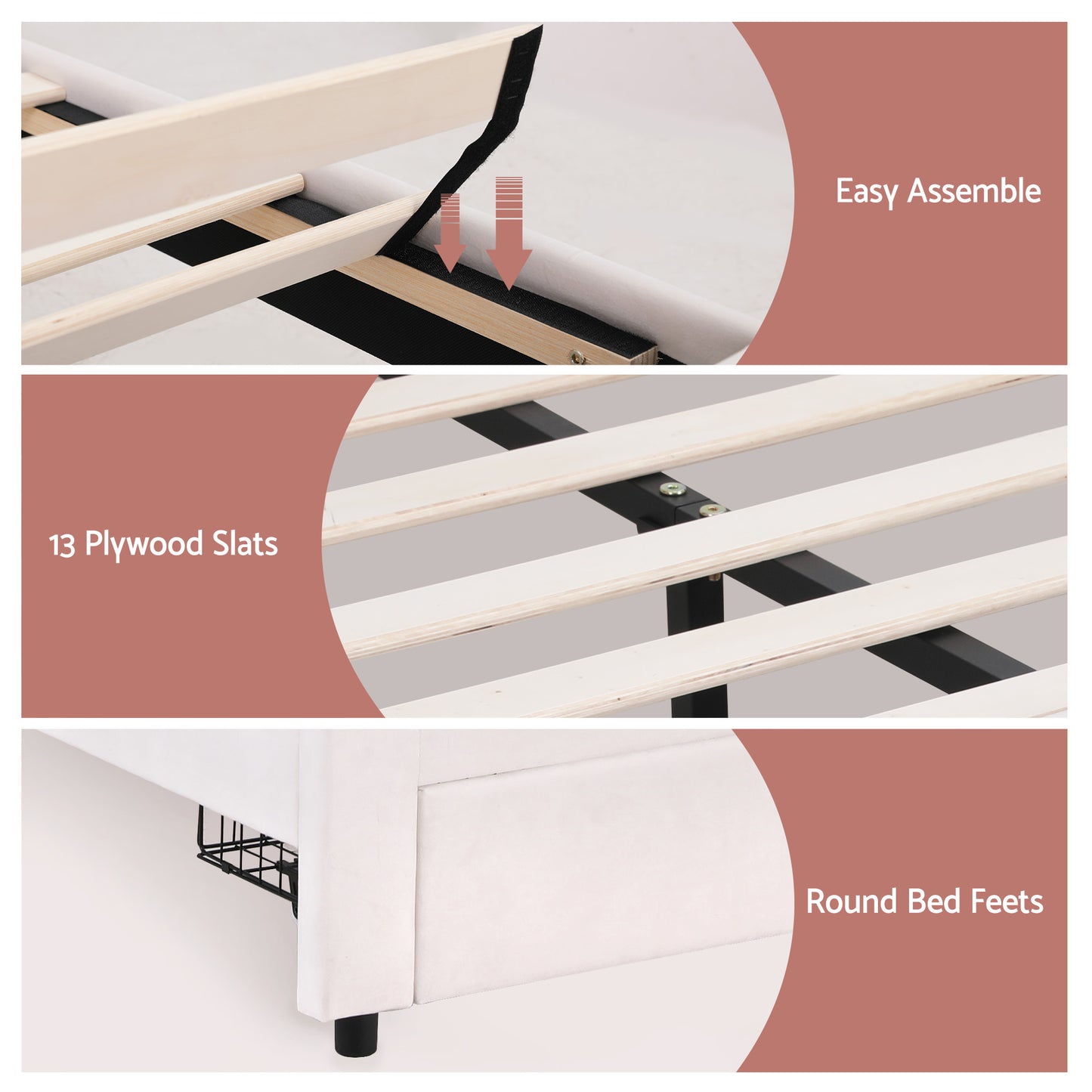 Casava Bed Frame Storage Charging Station Upholstered 3 Drawers LED - White Double