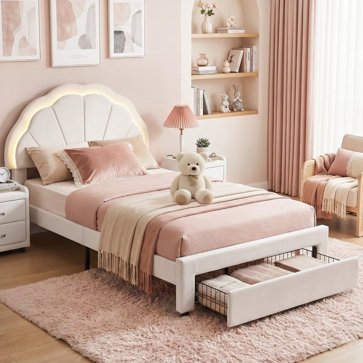 Casava Bed Frame Storage Charging Station Upholstered 3 Drawers LED - White King Single