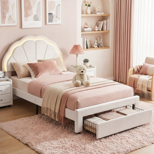 Casava Bed Frame Storage Charging Station Upholstered 3 Drawers LED - White King Single