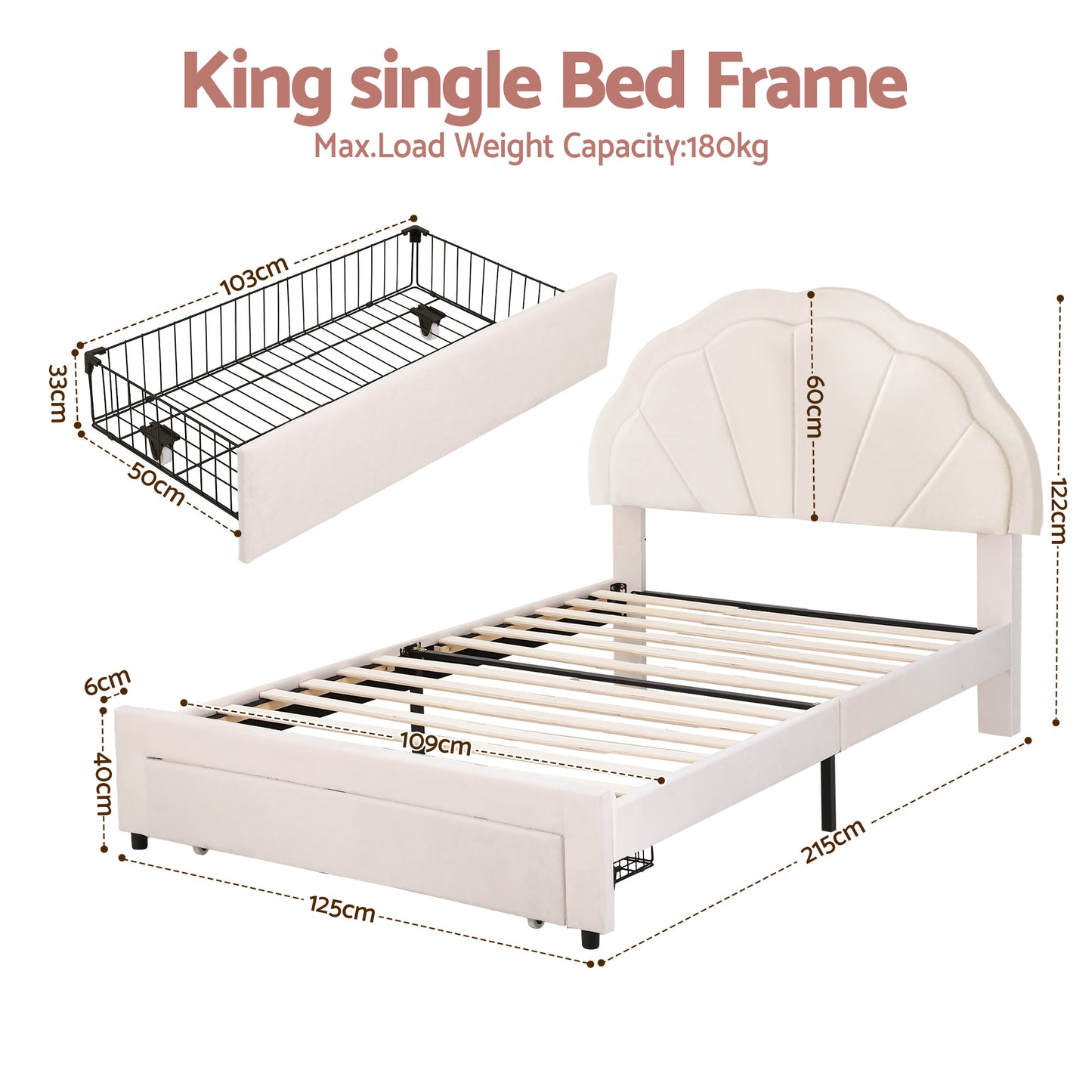 Casava Bed Frame Storage Charging Station Upholstered 3 Drawers LED - White King Single