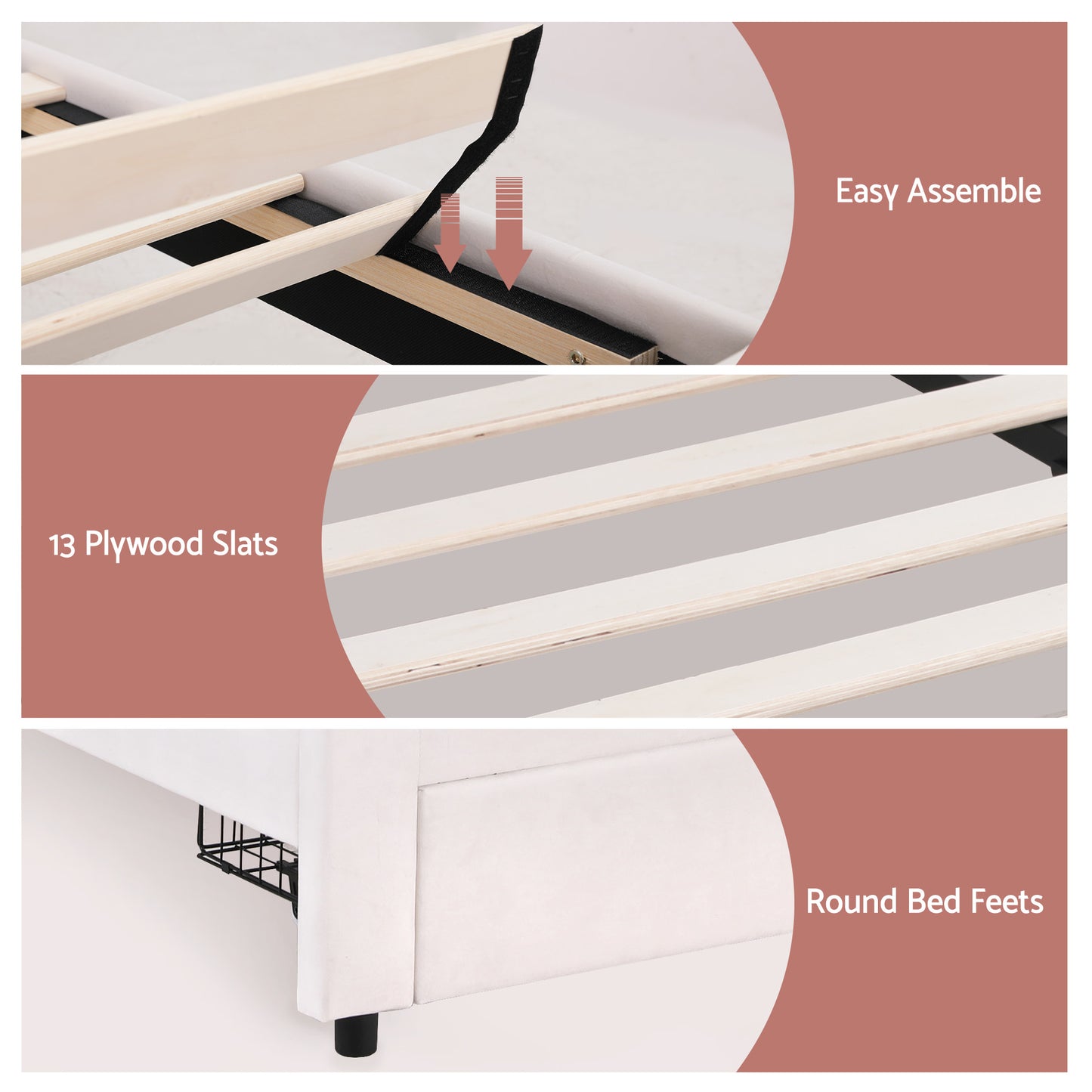 Casava Bed Frame Storage Charging Station Upholstered 3 Drawers LED - White King Single
