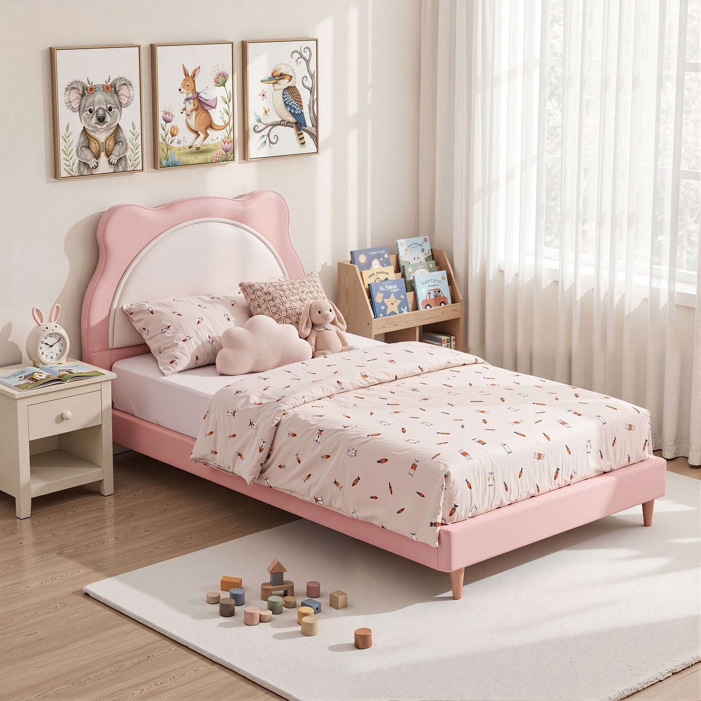 Sierra Kids Bed Frame Cute Animal Upholstered - Pink King Single