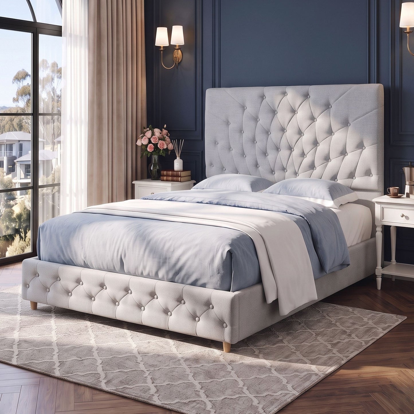 Calais Bed Frame with Tufted Headboard and Plywood Slats - Grey Double