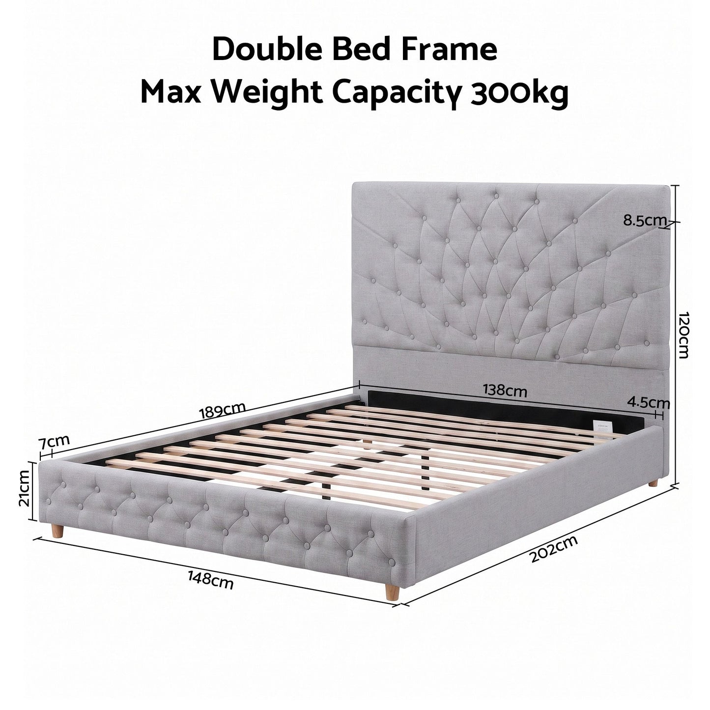 Calais Bed Frame with Tufted Headboard and Plywood Slats - Grey Double