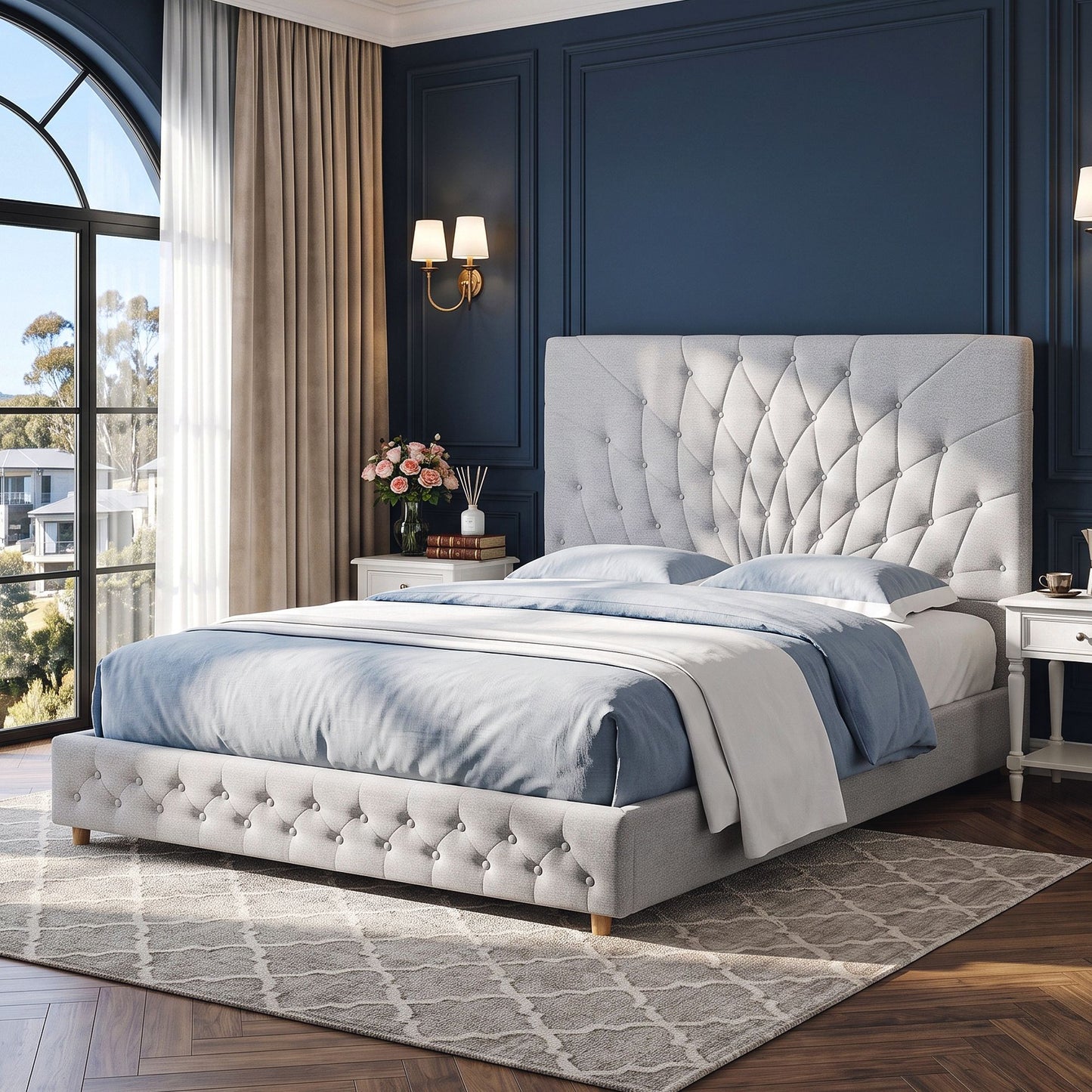Calais Bed Frame with Tufted Headboard and Plywood Slats - Grey Queen