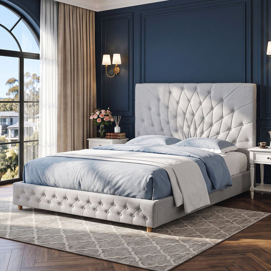 Calais Bed Frame with Tufted Headboard and Plywood Slats - Grey Queen