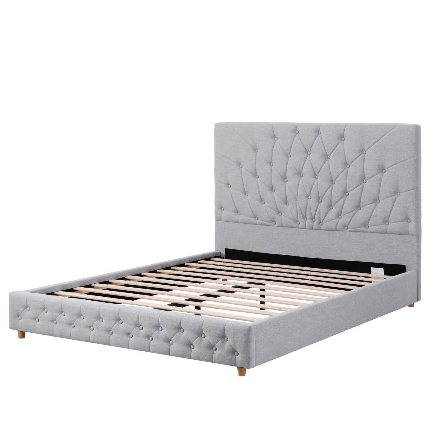 Calais Bed Frame with Tufted Headboard and Plywood Slats - Grey Queen