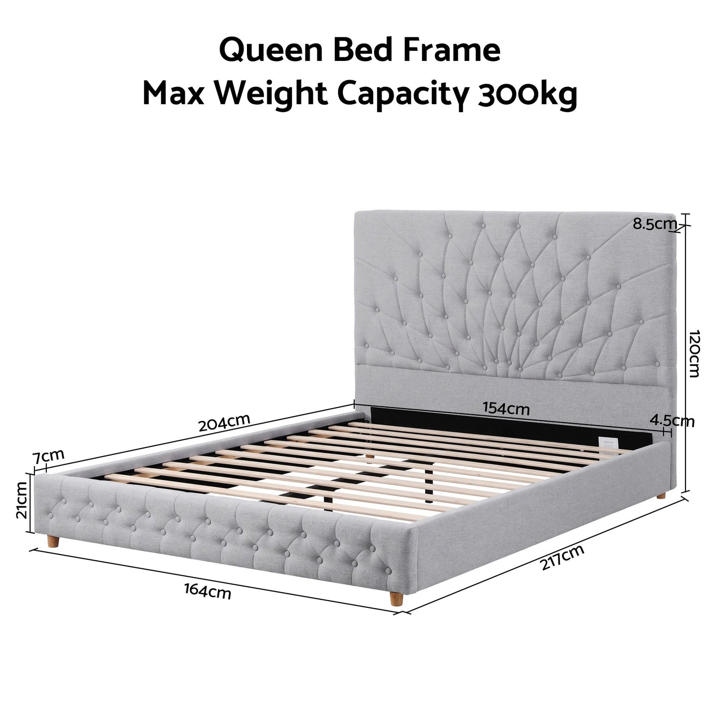 Calais Bed Frame with Tufted Headboard and Plywood Slats - Grey Queen