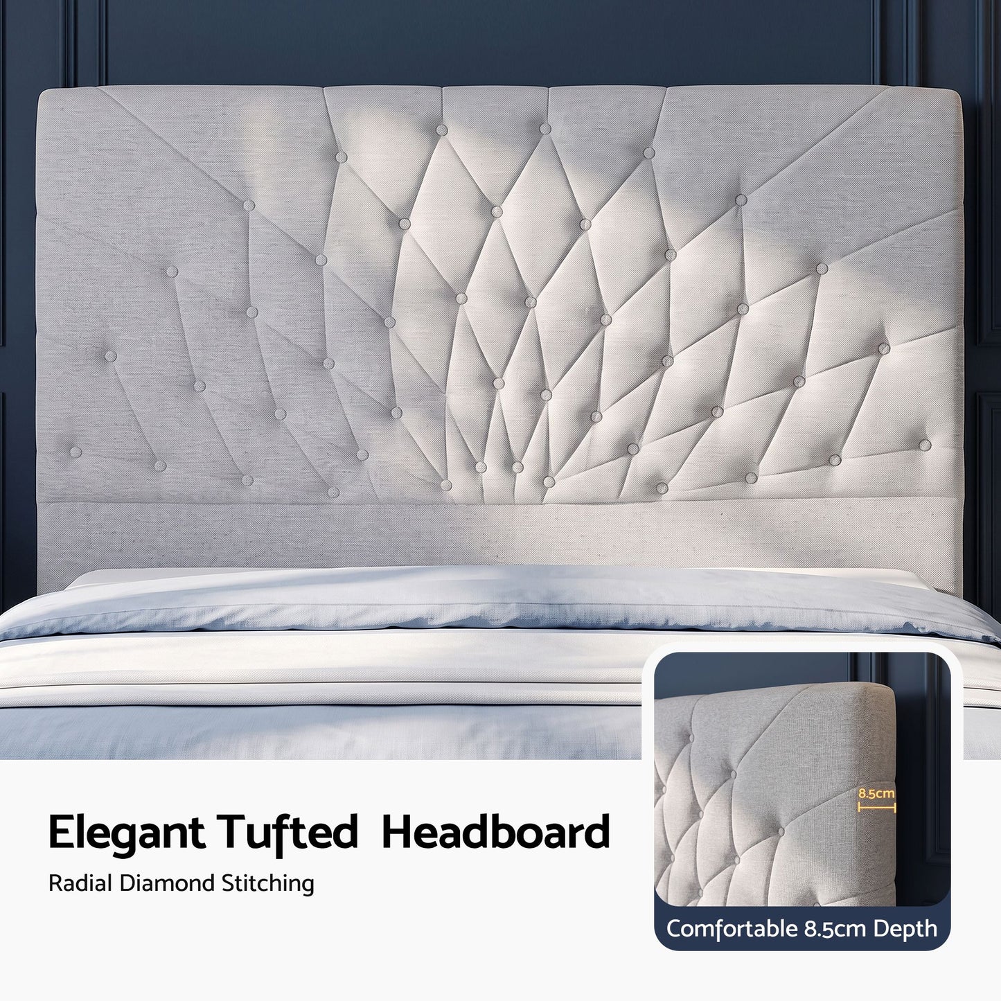 Calais Bed Frame with Tufted Headboard and Plywood Slats - Grey Queen