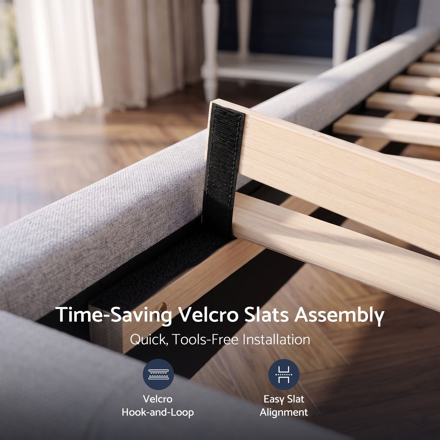 Calais Bed Frame with Tufted Headboard and Plywood Slats - Grey Queen