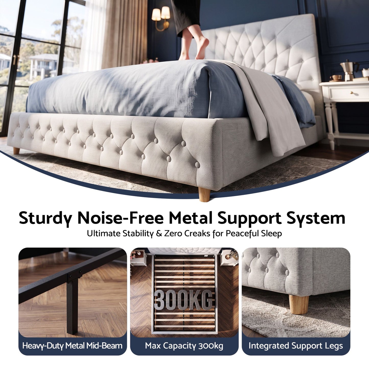 Calais Bed Frame with Tufted Headboard and Plywood Slats - Grey Queen