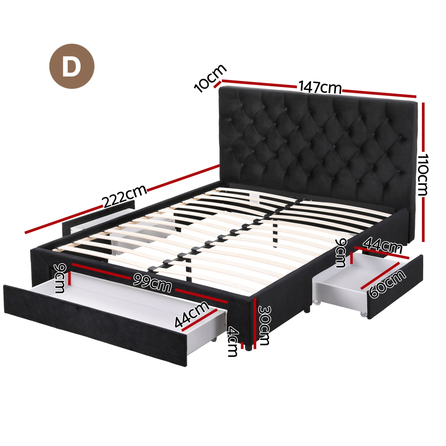 Naya Bed Frame Storage Charging Station Upholstered 3 Drawers USB Type-C - Black Double