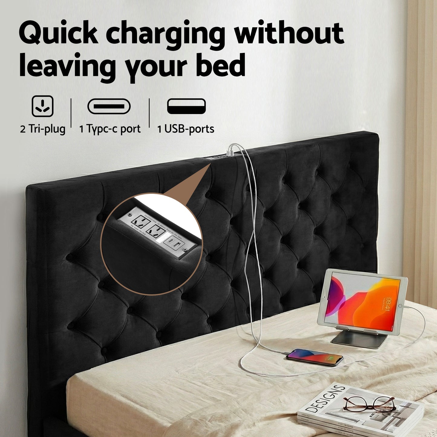 Naya Bed Frame Storage Charging Station Upholstered 3 Drawers USB Type-C - Black Double