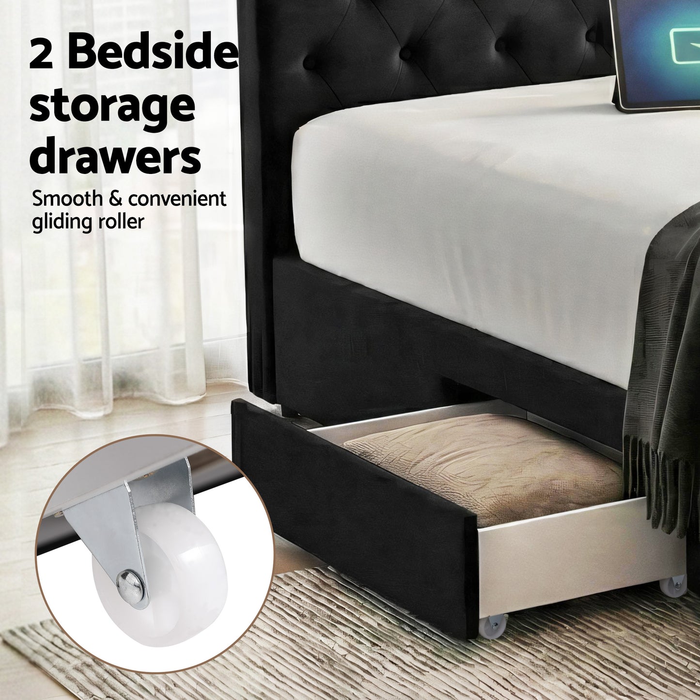Naya Bed Frame Storage Charging Station Upholstered 3 Drawers USB Type-C - Black Double