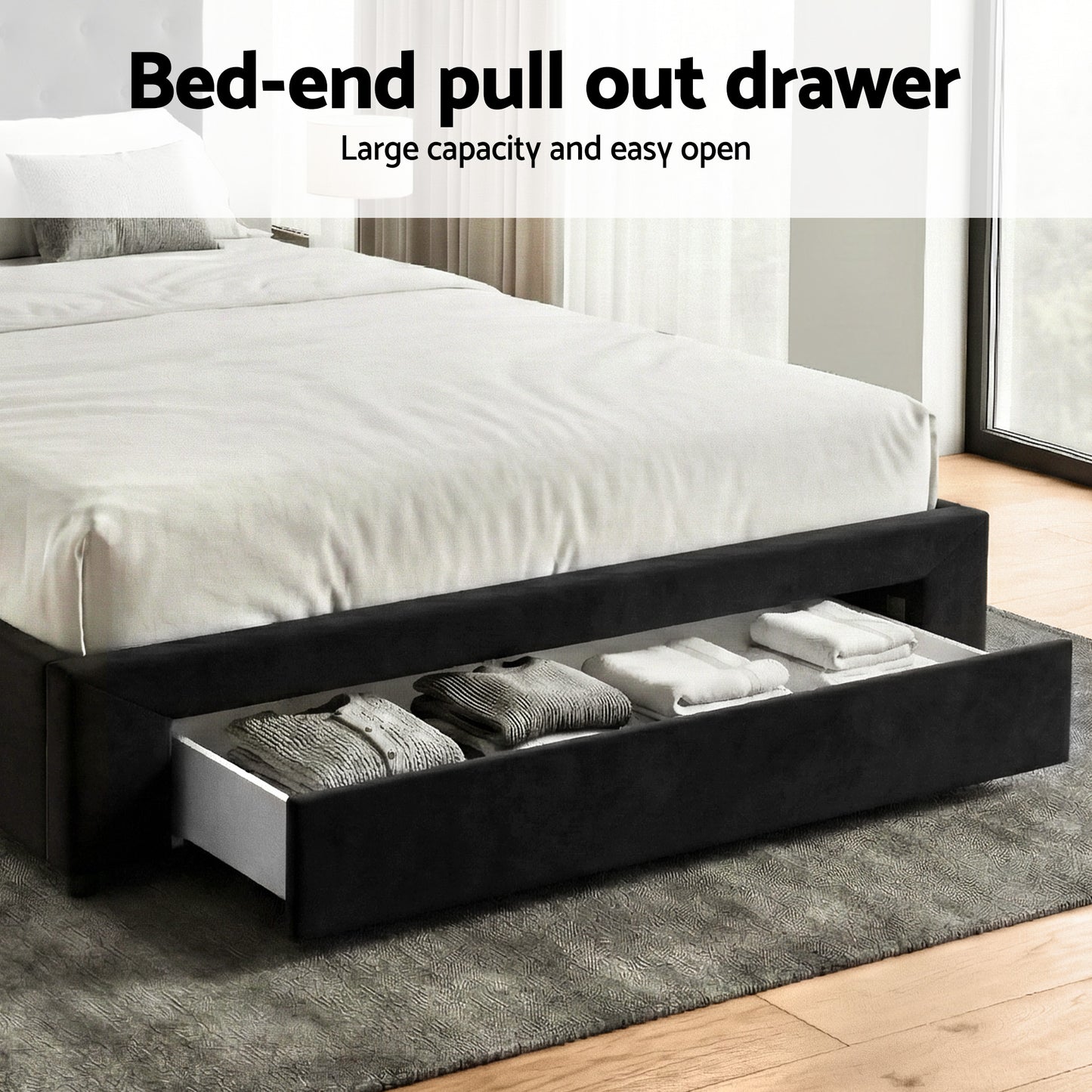 Naya Bed Frame Storage Charging Station Upholstered 3 Drawers USB Type-C - Black Double