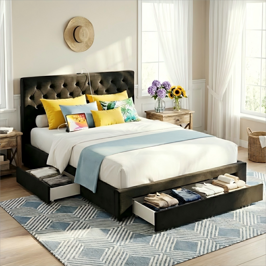 Naya Bed Frame Storage Charging Station Upholstered 3 Drawers USB Type-C - Black Double