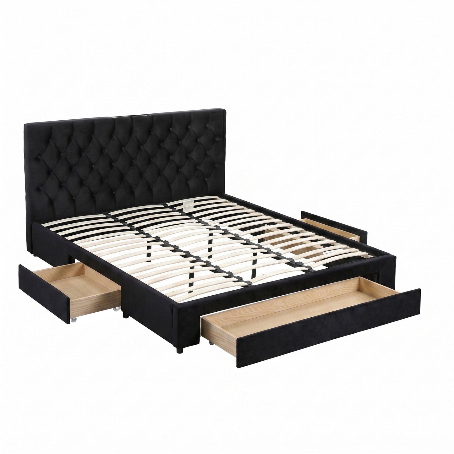 Bravix Bed Frame Storage Charging Station Upholstered 3 Drawers - Black King