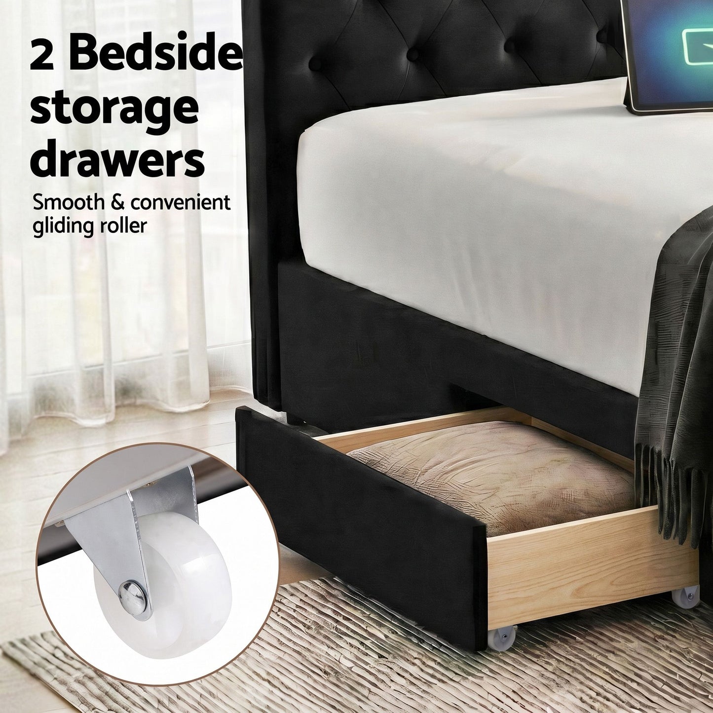 Bravix Bed Frame Storage Charging Station Upholstered 3 Drawers - Black King