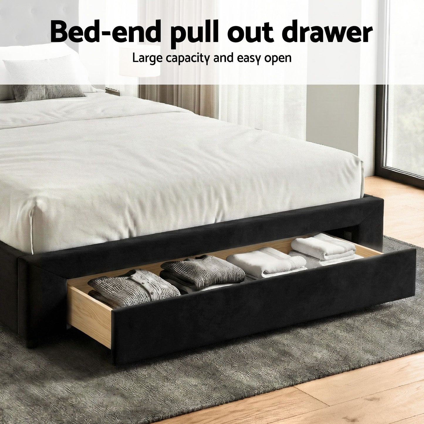 Bravix Bed Frame Storage Charging Station Upholstered 3 Drawers - Black King