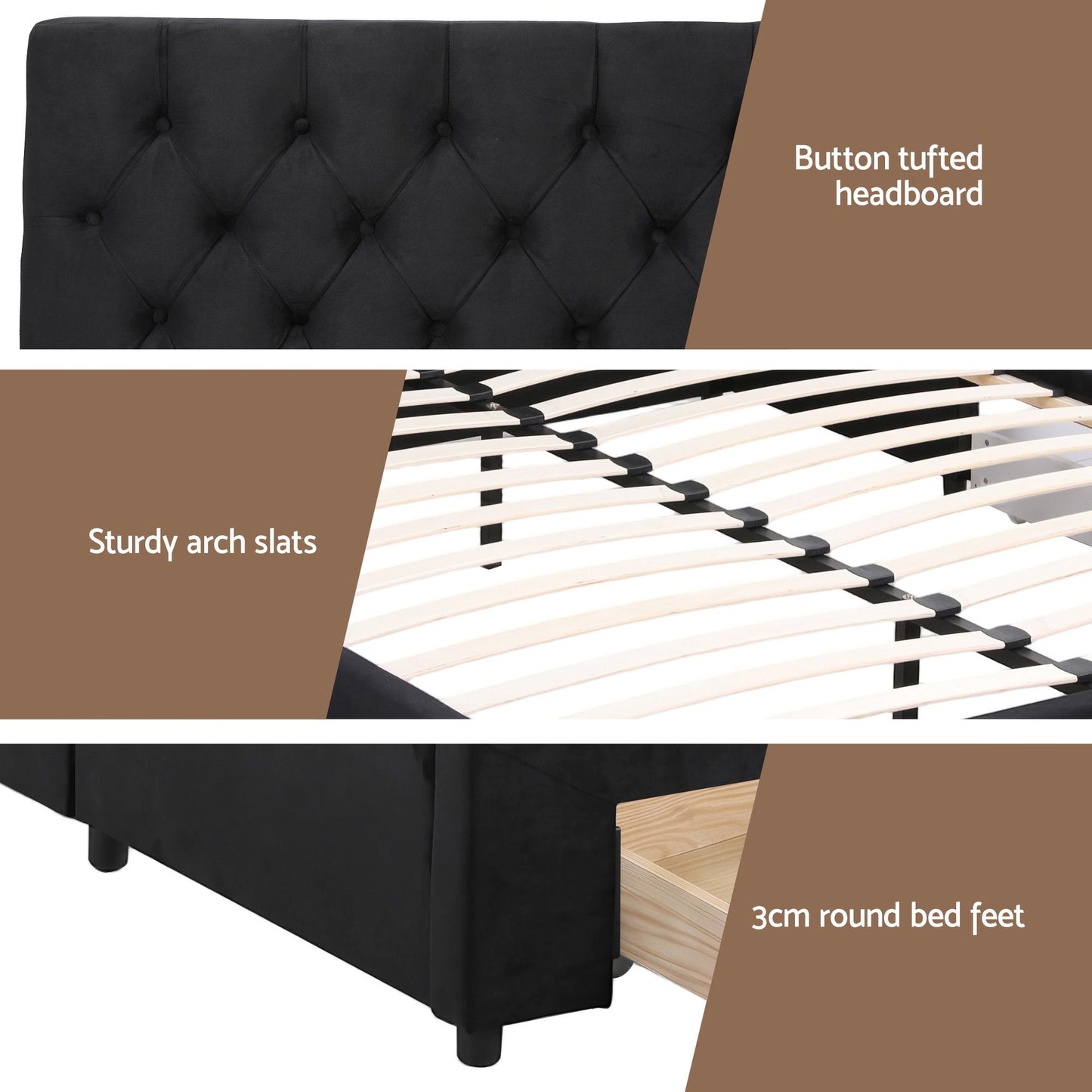 Bravix Bed Frame Storage Charging Station Upholstered 3 Drawers - Black King