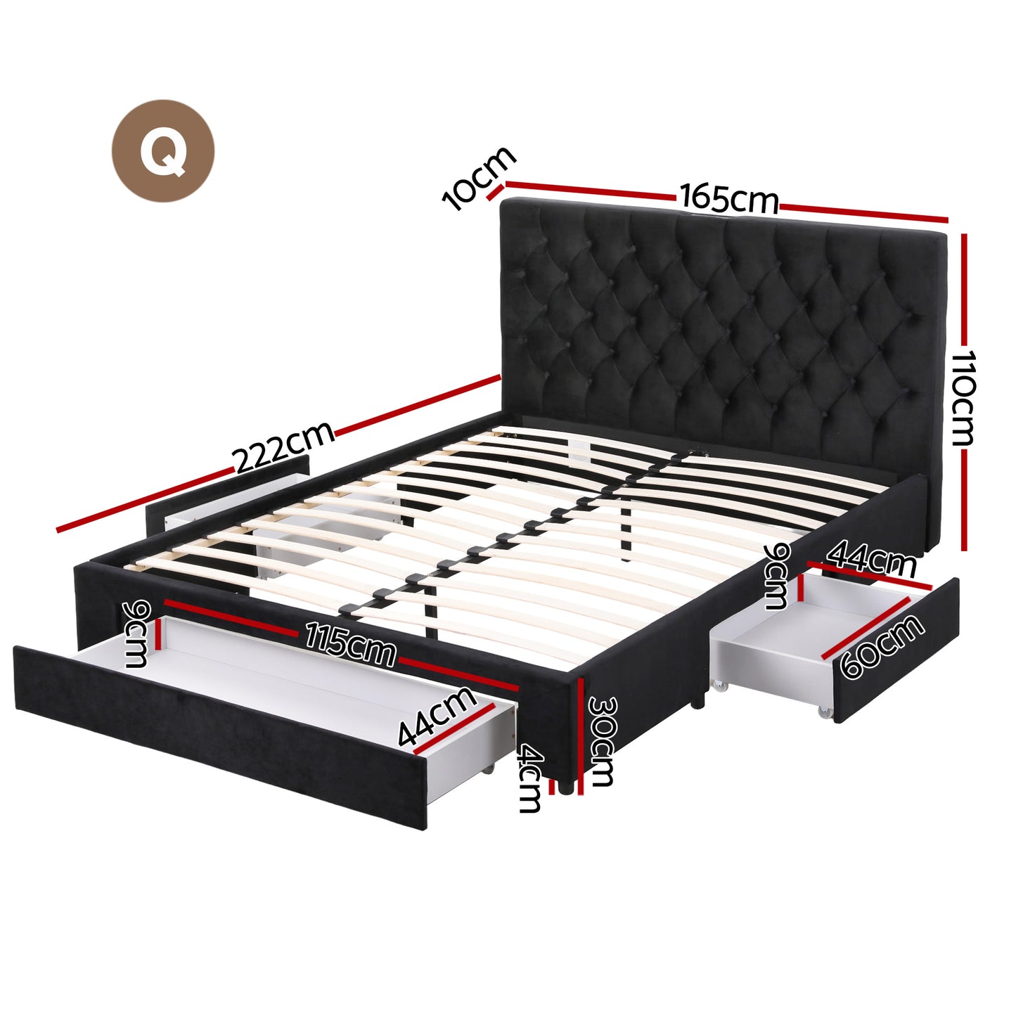 Bravix Bed Frame Storage Charging Station Upholstered 3 Drawers - Black Queen