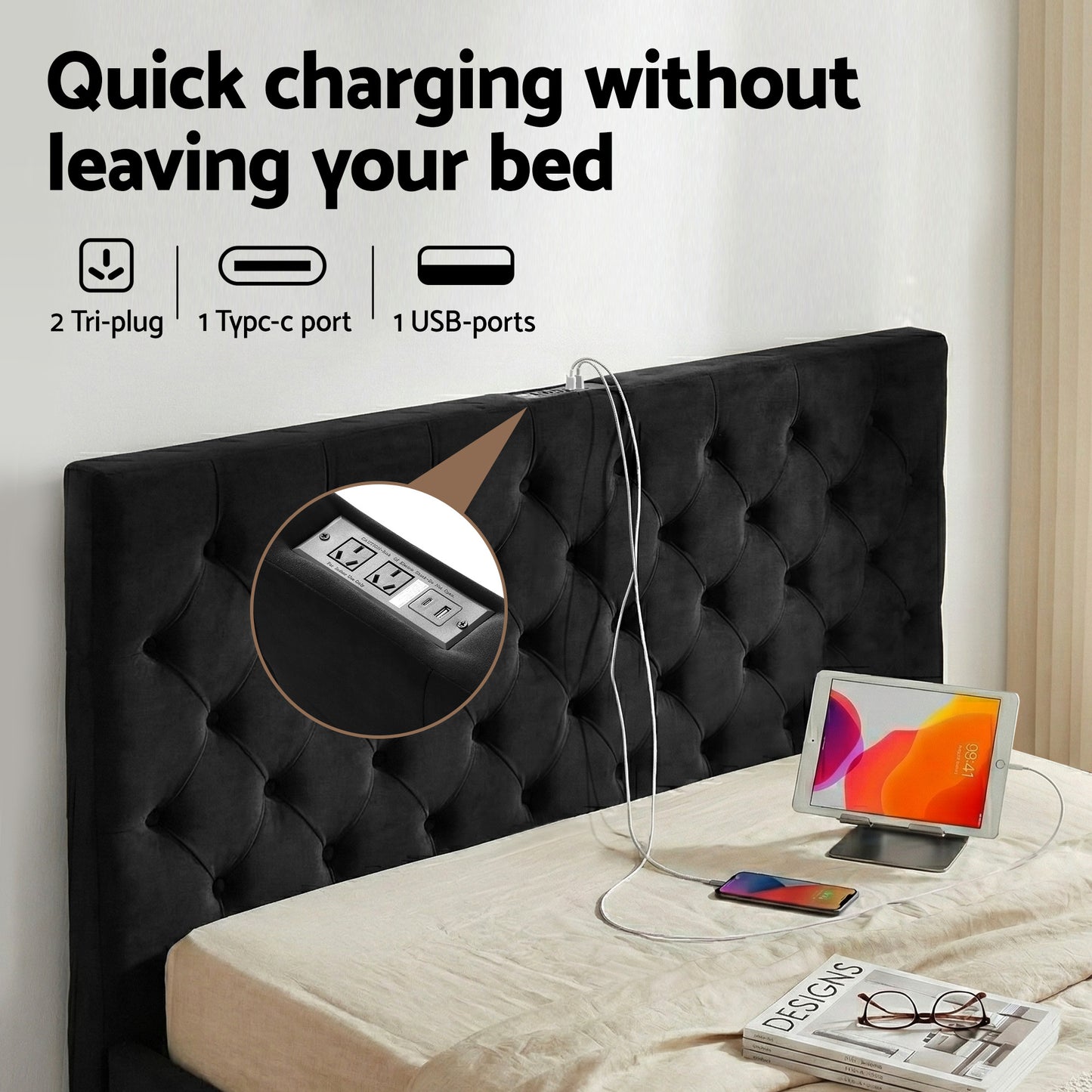 Bravix Bed Frame Storage Charging Station Upholstered 3 Drawers - Black Queen