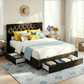 Bravix Bed Frame Storage Charging Station Upholstered 3 Drawers - Black Queen