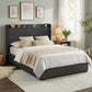 Orvani Bed Frame Gas Lift Storage Bed with Charging Ports Upholstered Geometric Headboard - Charcoal Grey Double