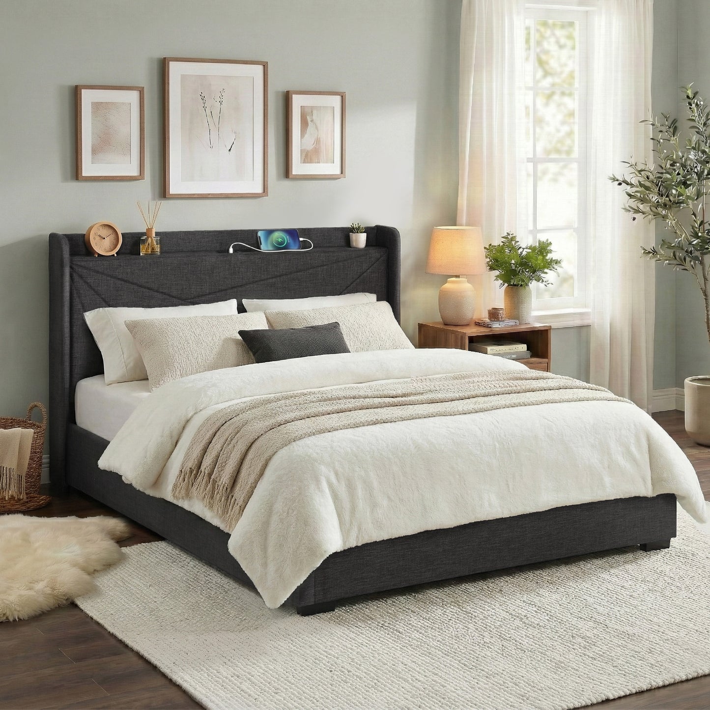 Orvani Bed Frame Gas Lift Storage Bed with Charging Ports Upholstered Geometric Headboard - Charcoal Grey King